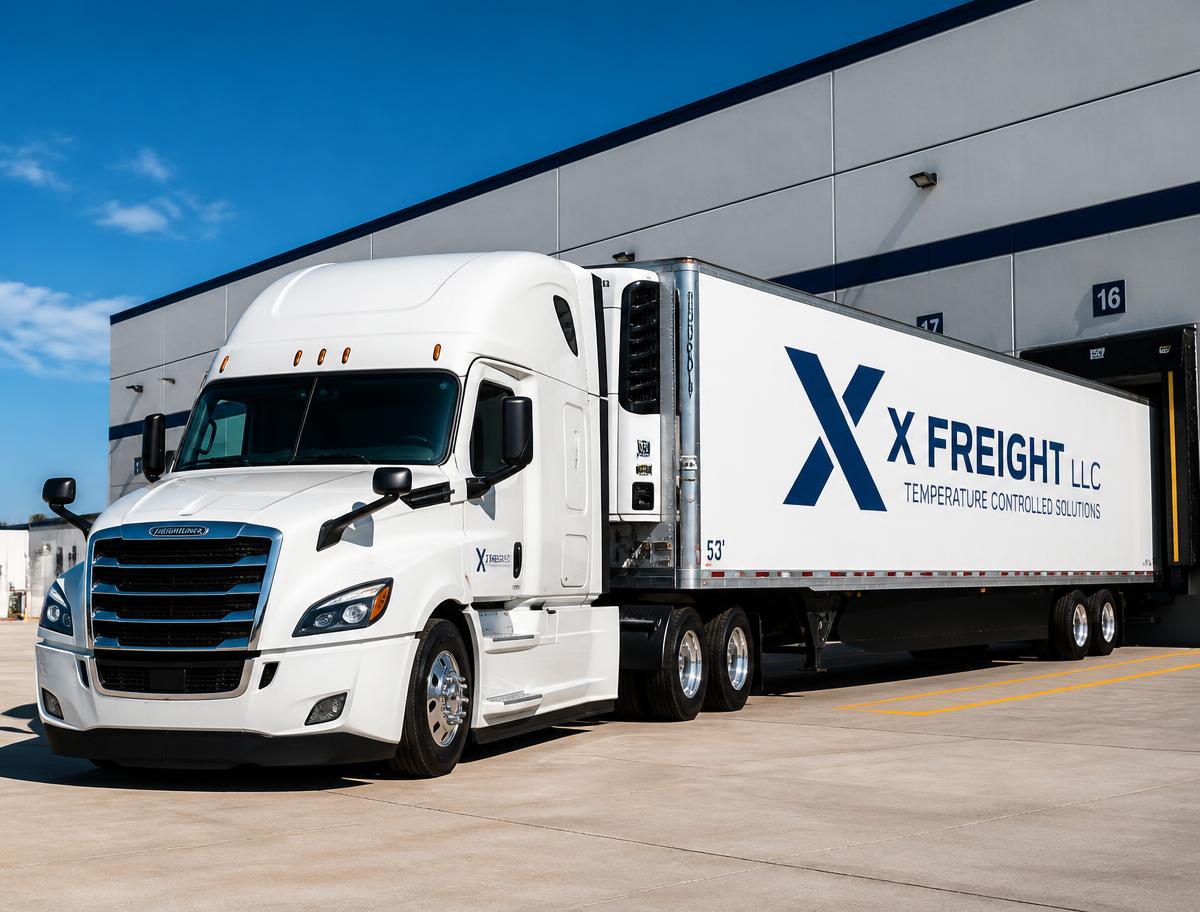 X Freight LLC branded refrigerated trailer backed into a cold storage loading dock