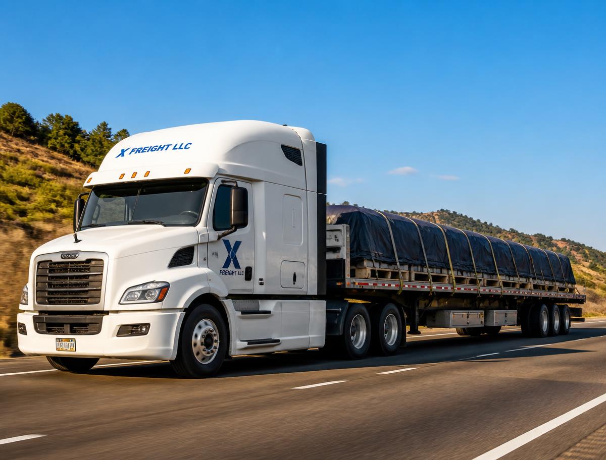 X Freight LLC flatbed tractor-trailer loaded with strapped and tarped steel cargo
