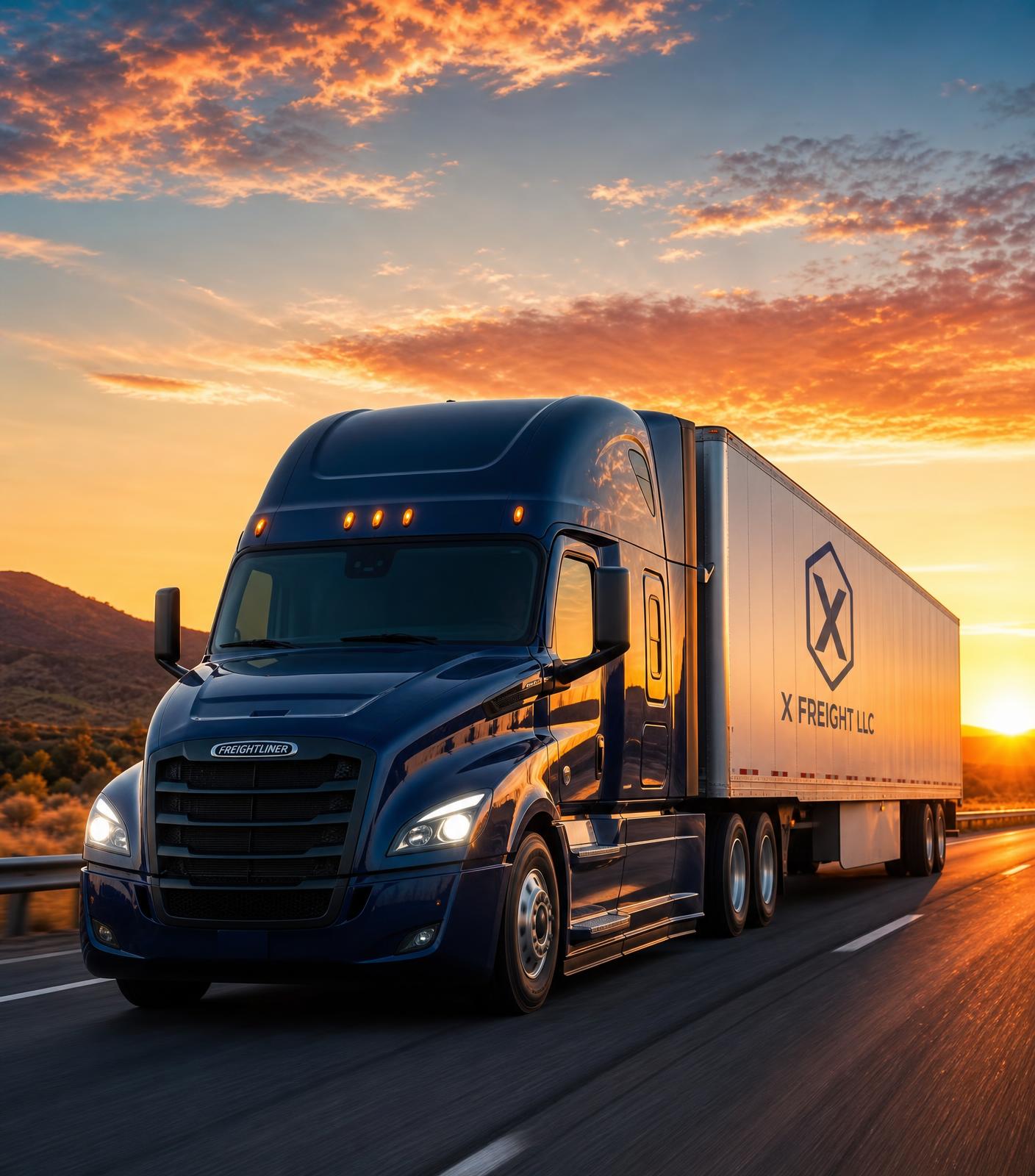 X Freight LLC tractor-trailer driving into a golden sunset on an open highway