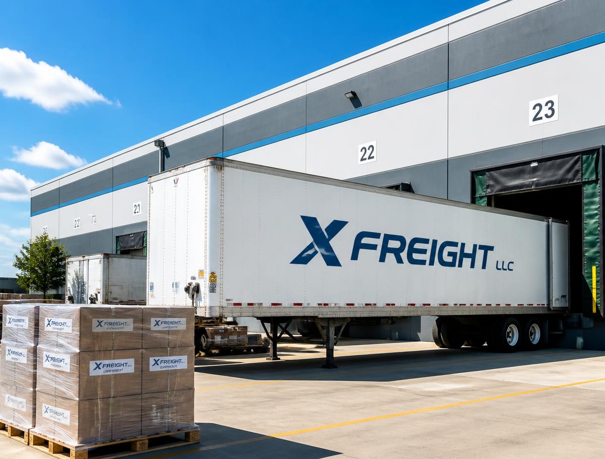 X Freight LLC branded dry van trailer at a warehouse dock with palletized freight staged nearby